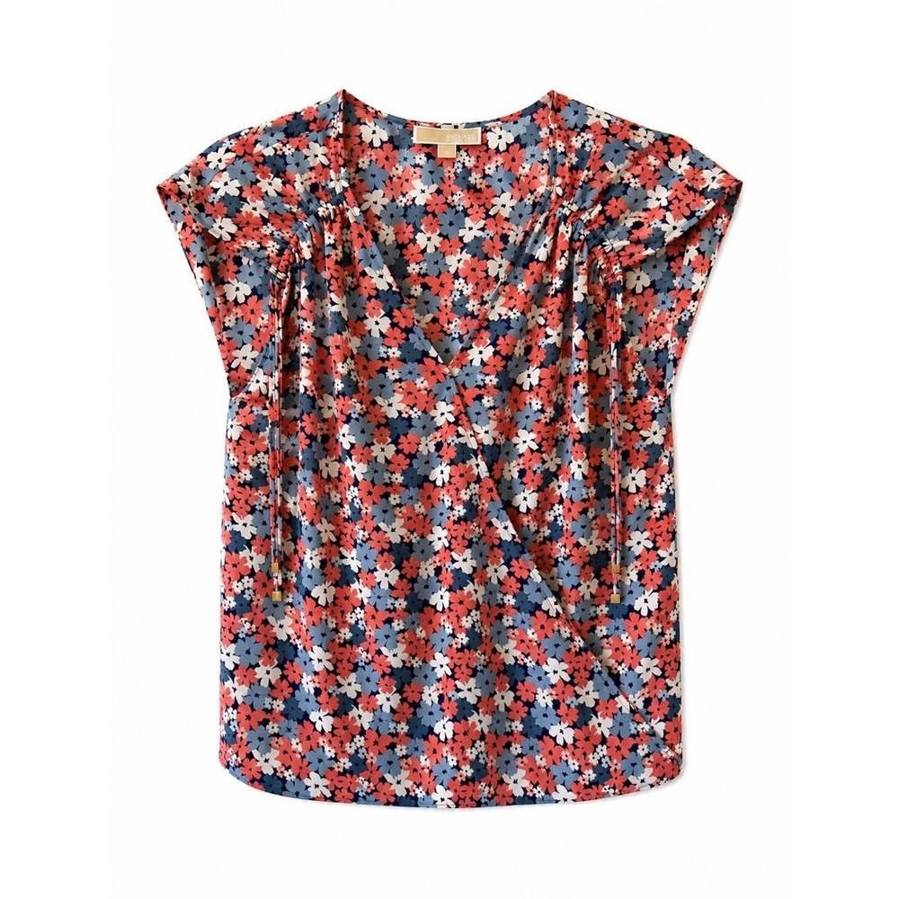 Michael Kors Womens Floral Blouse Top Navy Coral Cap Sleeve V-Neck Size M